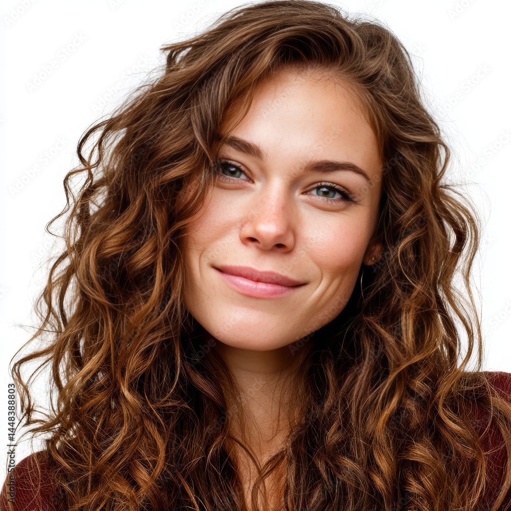 Fototapeta premium A woman with long curly hair smiling at the camera