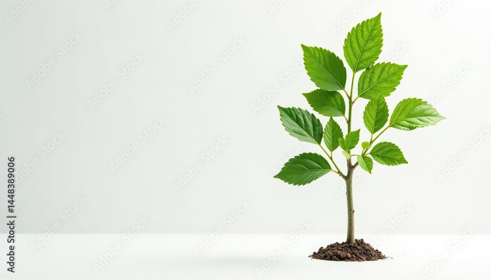 Fototapeta premium Lone sapling, delicate leaves, white backdrop, studio, background