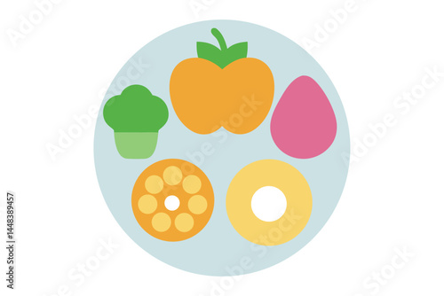  Minimalist Vector of Five Food Groups – Vegetables, Fruits, Grains, Protein, Dairy Icons in Circular Layout.