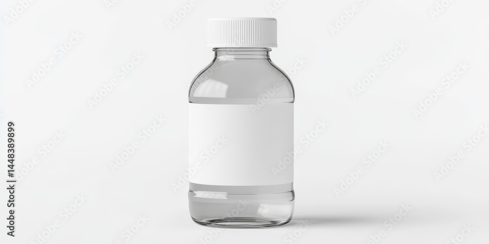 An empty, sterilized bottle commonly used in laboratories for holding small quantities of liquid samples. An empty, sterilized bottle commonly used in laboratories for holding small quantities of liquid samples.