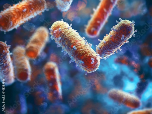 Close-up of virus particles under a microscope. The cells are depicted in a colorful way highlighting their surface proteins and the details of the cell structure.