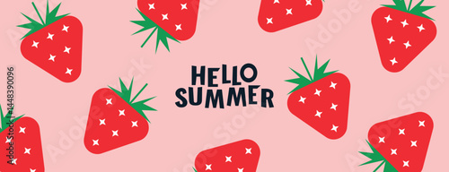 Hello summer - advertising horizontal web banner. Geometric minimalistic abstract illustration of strawberry berries on pink background. Vector illustration in flat style.