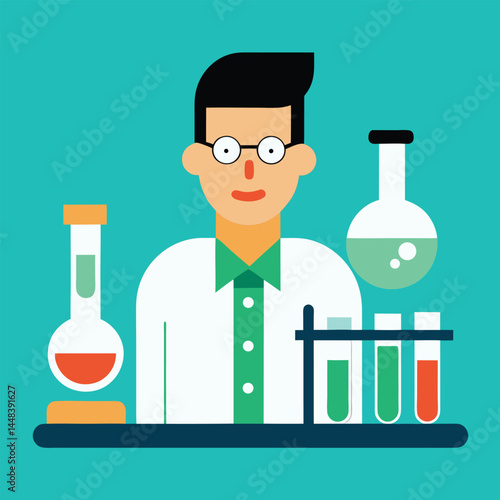A scientist in a laboratory conducts a chemical experiment with a test tube and other scientific glassware