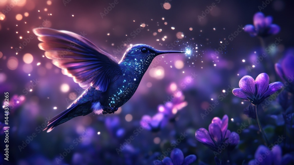 Mystical hummingbird in flight amongst glowing flowers Mystical hummingbird in flight amongst glowing flowers