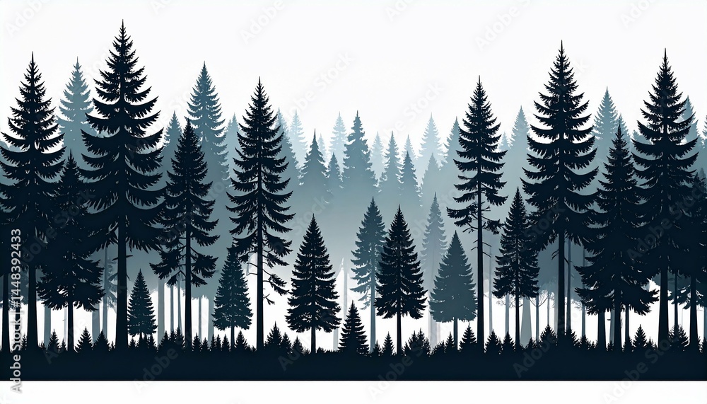 Obraz premium Misty Evergreen Forest Silhouette on White