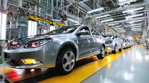Cars on an assembly line in a modern automobile factory