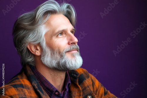Obraz na płótnie Creative of style for aging men. A confident man in a professional studio photo. Trendy men's layered waves haircut - midlife white man with grey hair. Purple solid background. w salonie
