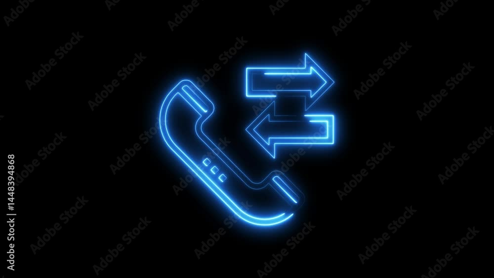 Animated neon telephone icon with incoming and outgoing call arrows against black background Animated neon telephone icon with incoming and outgoing call arrows against black background