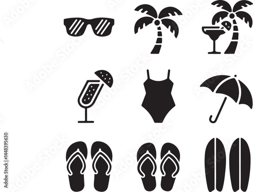 A cheerful vector illustration set of black summer-themed icons on a white background