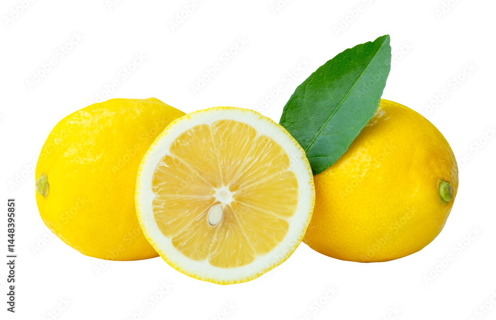 Side view of two fresh ripe yellow lemon fruits with a half and green leaf isolated with clipping path in png file format Side view of two fresh ripe yellow lemon fruits with a half and green leaf isolated with clipping path in png file format