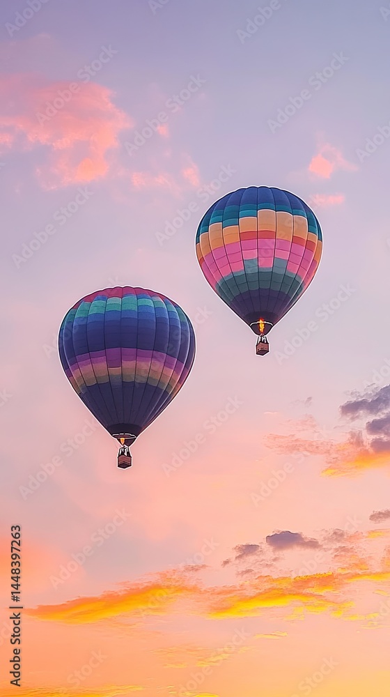 Fototapeta premium Two colorful hot air balloons float against a vibrant sunset sky.