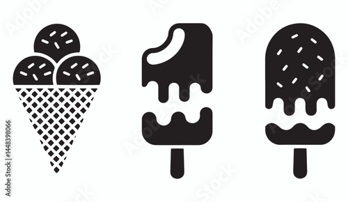 Black and White Ice Cream Icons – Minimalist Vector of Cone, Popsicle, and Dessert Bar Silhouettes for Food Graphics and Summer Designs