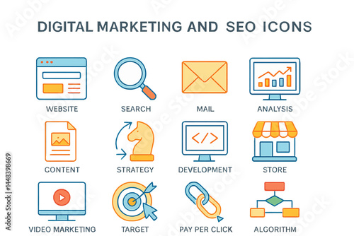 Digital marketing and search engine optimization are represented by a range of line icons, including those for online platforms, searching, email, data analysis, content, planning, development, and