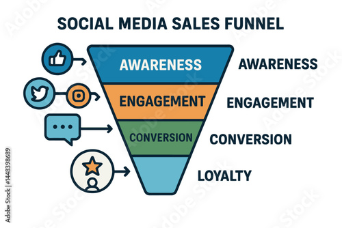 A vector social media sales funnel infographic serves as a presentation template