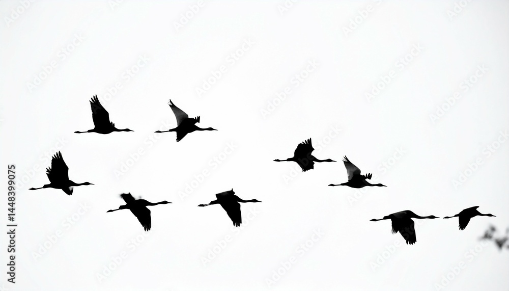 Crane Migration Silhouetted Birds Against a White Sky Crane Migration Silhouetted Birds Against a White Sky
