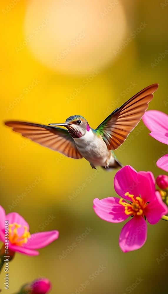 Naklejka premium Hummingbird Hovering Beside Bright Pink Flowers in Morning Light