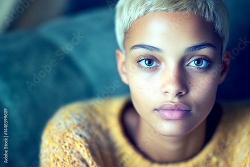 Obraz na płótnie Attractive calm mixed-race girl - for ads, billboard and online promotion networks use. Short haircut - blond hair. Commercial commercial conceptual art. Vibrant style. Vibrant fashion models. w salonie