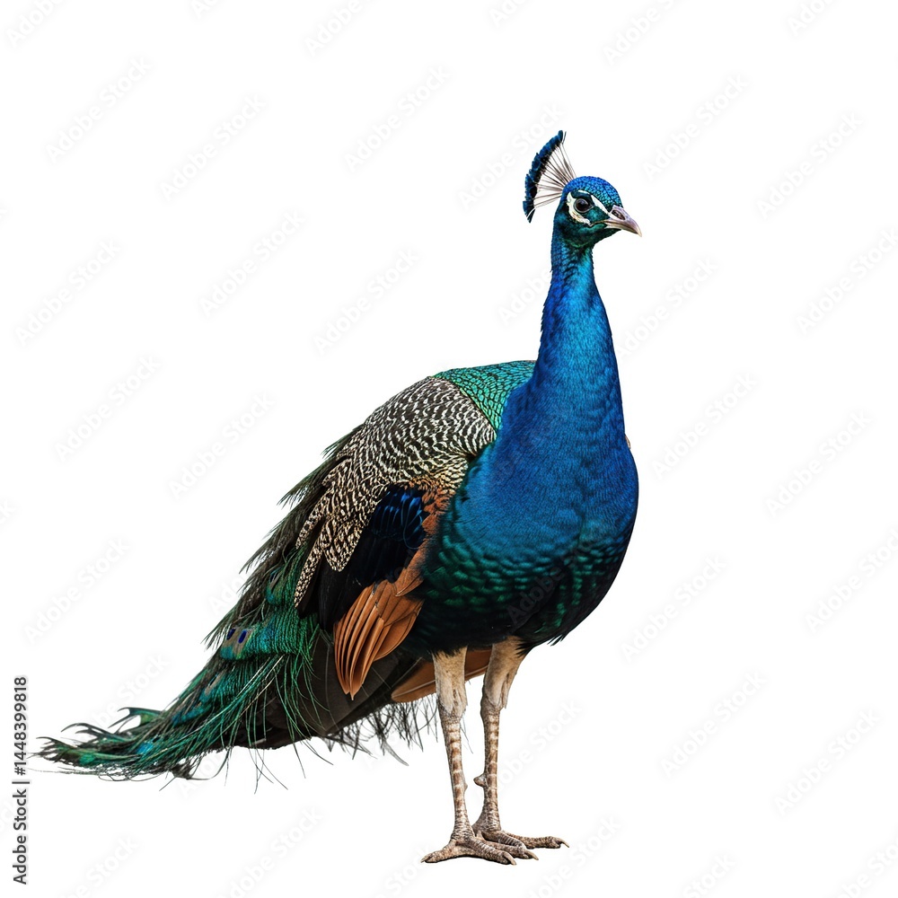 Fototapeta premium Indian Peacock Bird Standing Isolated on White Background