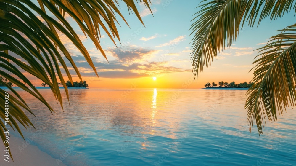 Fototapeta premium Tropical sunset over calm ocean. Palm leaves frame the scene