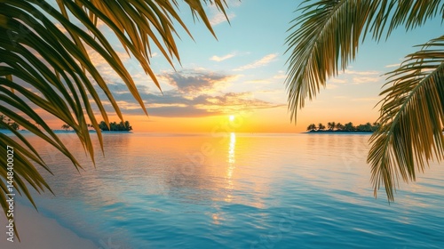 Tropical sunset over calm ocean. Palm leaves frame the scene