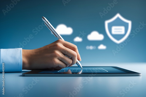 Digital signature on tablet with cloud security and data protection concept