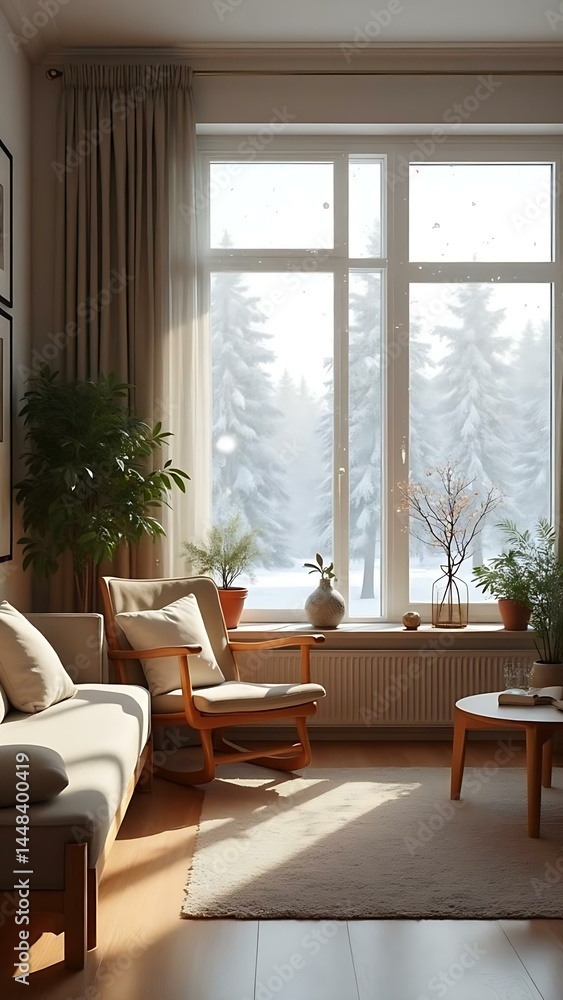 Fototapeta premium Cozy Scandinavian Living Room Interior with Snowfall View and Minimalist Decor