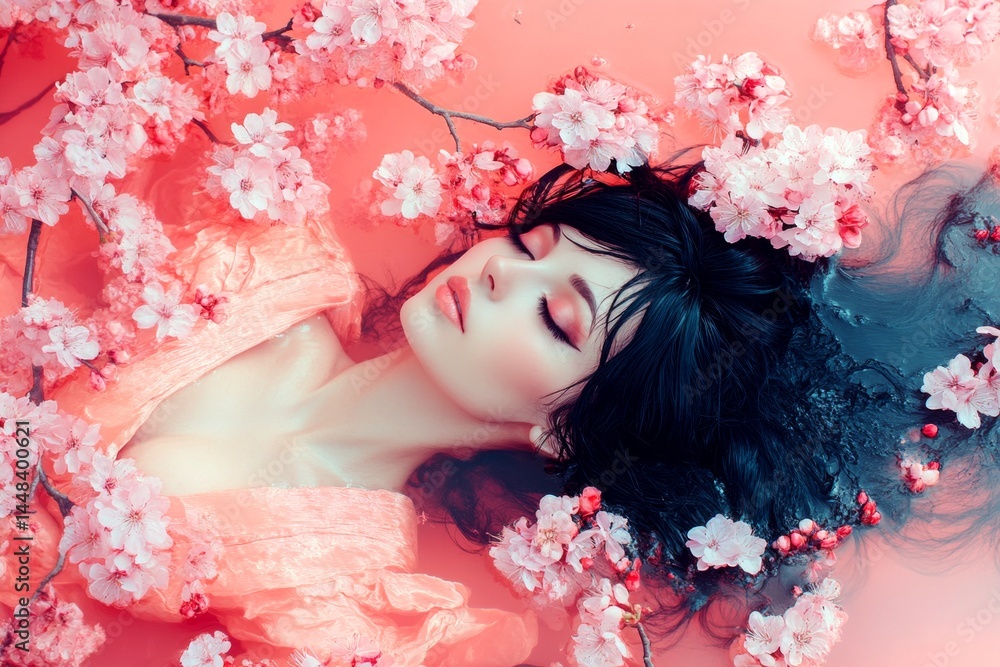 Spring mood, golden hour in sunset. Lovely caucasian young woman surrounded by cherry blossoms. Commercial promotion creative. Bright woman in floral park. Lively woman in spring garden.