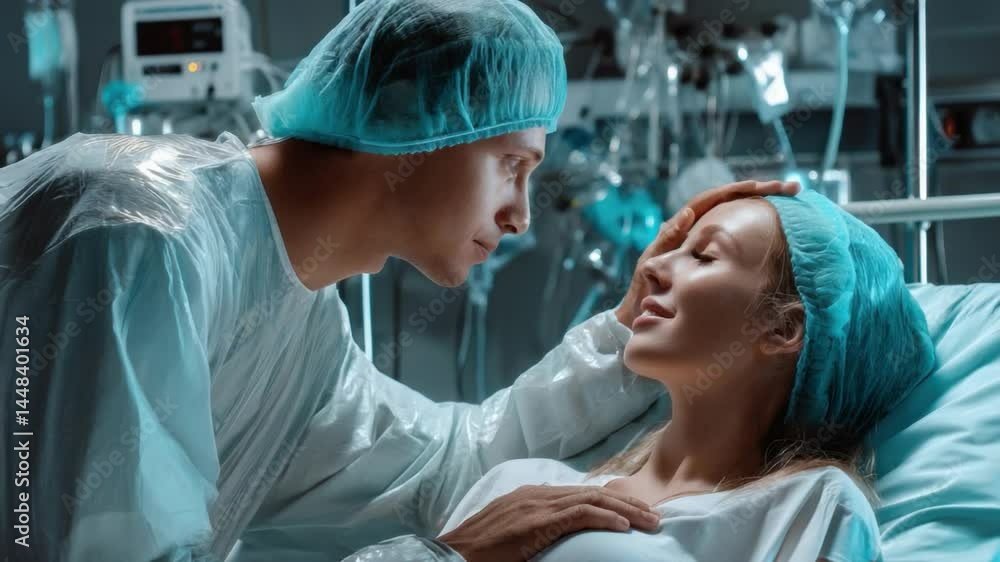 Comfort and Care: A touching moment unfolds in a hospital room as a healthcare worker offers gentle support to a patient, radiating empathy and compassion in a sterile environment. Comfort and Care: A touching moment unfolds in a hospital room as a healthcare worker offers gentle support to a patient, radiating empathy and compassion in a sterile environment.