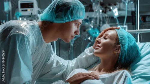 Comfort and Care: A touching moment unfolds in a hospital room as a healthcare worker offers gentle support to a patient, radiating empathy and compassion in a sterile environment.