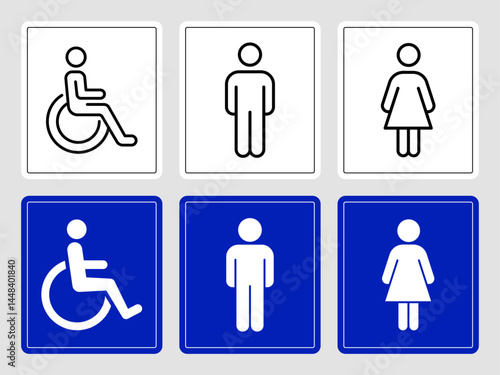 Accessible Restroom Signs. Set of accessibility and restroom signage icons in black and blue, including wheelchair, male, and female symbols