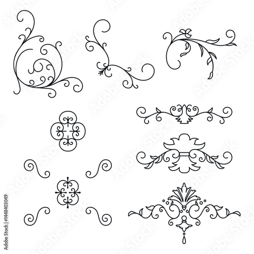 Frame border ornament. Decor line design pattern, flower luxury decoration. Book element, antique ornate classic floral. Elegant baroque label old filigree calligraphy shapes.