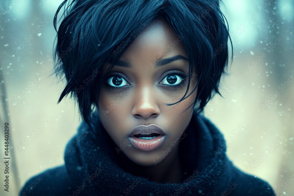 Short hairdo - highlighted hair. Gorgeous very stunned black girl - for ads, boulevard poster and social apps use. Commercial ad campaign concept art graphic concept art. Black woman in style.