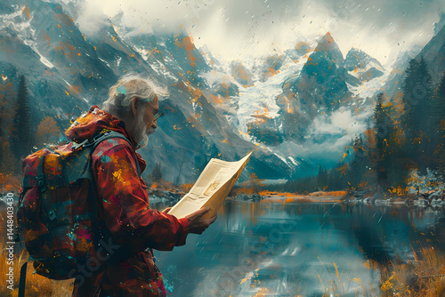 Senior hiker maps mountain lake.