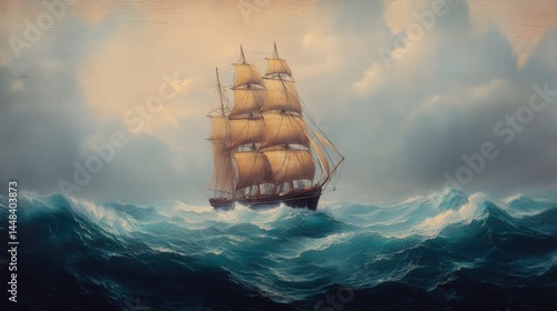 Vintage nautical painting of tall ship sailing rough seas