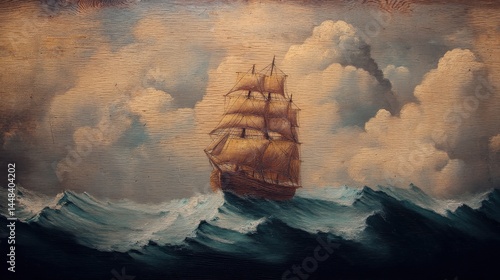 Vintage nautical painting of tall ship sailing rough seas