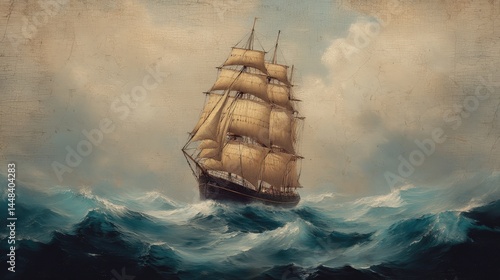 Vintage nautical painting of tall ship sailing rough seas