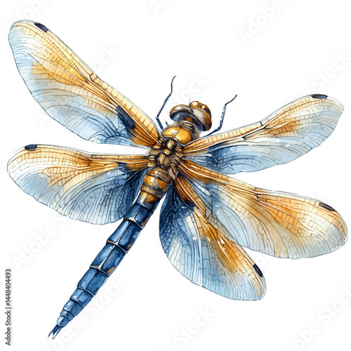 Dragonfly Hovering, vector watercolor illustration, isolated on a white background.