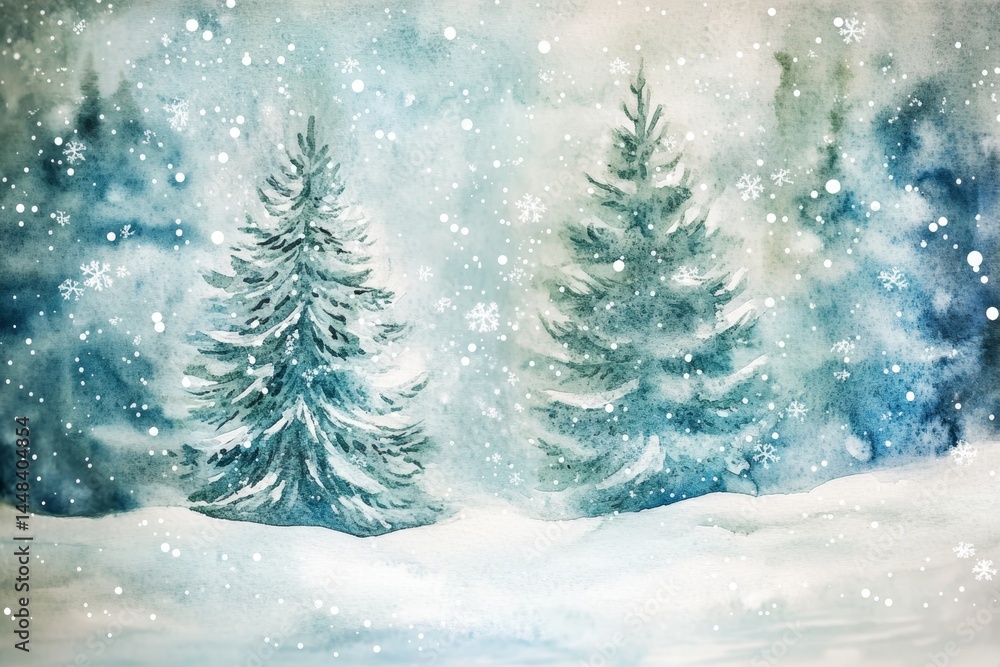 A painting of two evergreen trees covered in snow. The trees are in a forest and the snow is falling on them. The painting has a peaceful and serene mood, evoking a sense of calmness and tranquility A painting of two evergreen trees covered in snow. The trees are in a forest and the snow is falling on them. The painting has a peaceful and serene mood, evoking a sense of calmness and tranquility