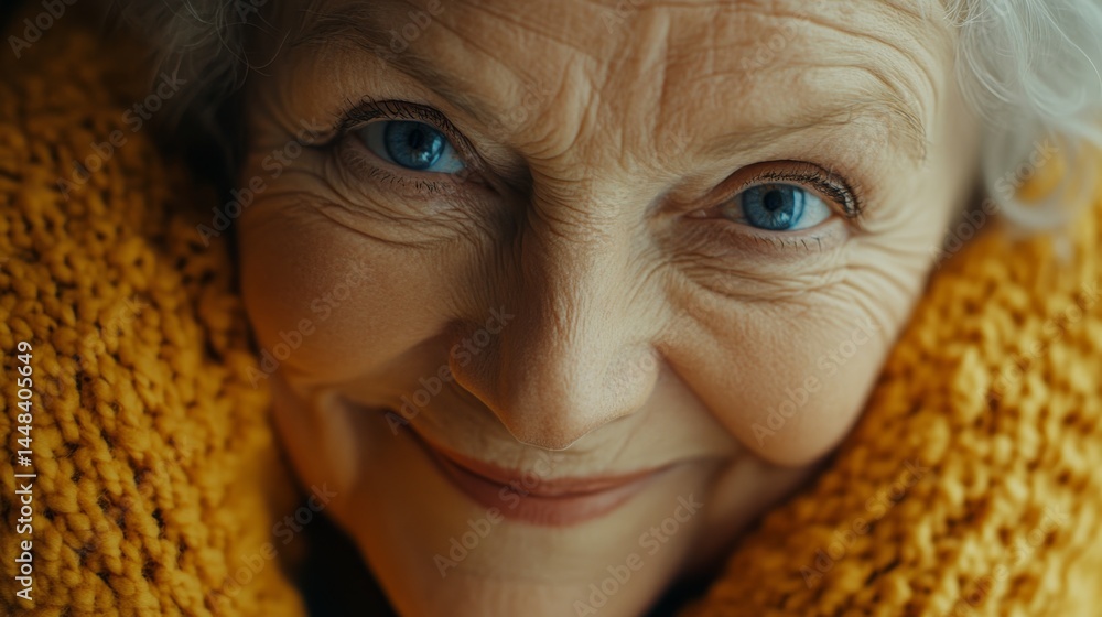 Close-up of a smiling older woman with blue eyes. Her expression is warm and inviting. She wears a yellow blanket over her shoulders, adding to the cozy feel.