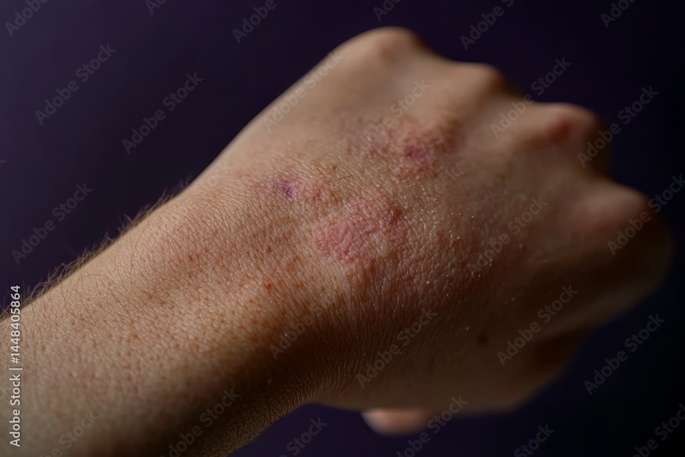 A hand with a rash on it. The rash is red and itchy. The hand is raised in the air