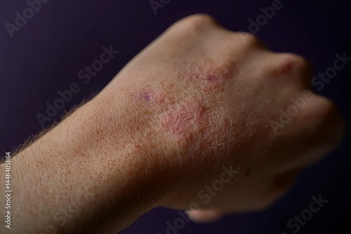 Obraz na płótnie A hand with a rash on it. The rash is red and itchy. The hand is raised in the air w salonie