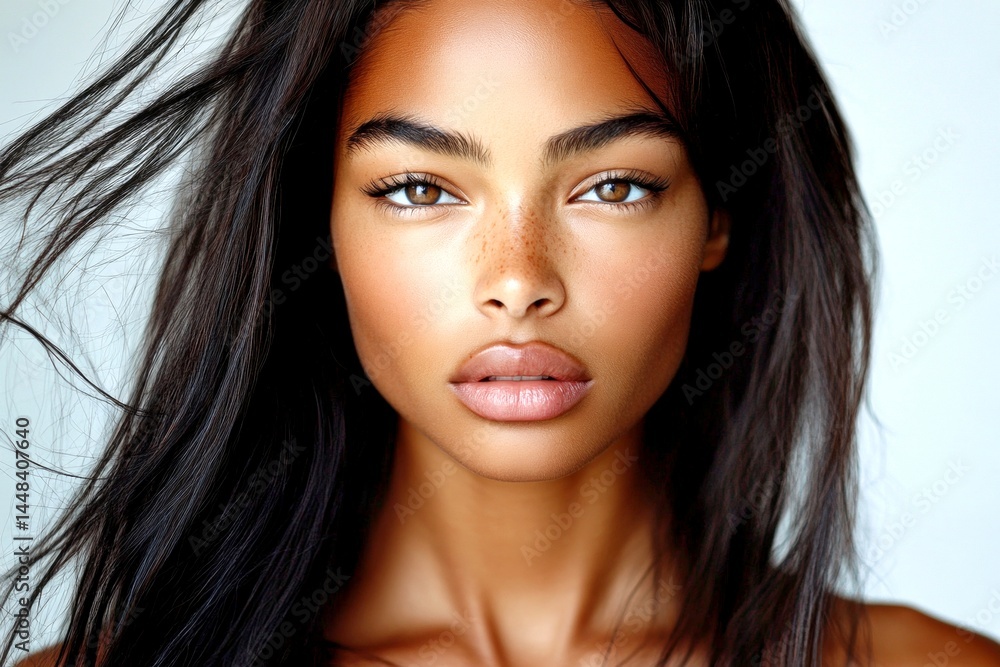 Gorgeous calm mixed-race girl - for ads, banner and online promotion networks use. Long coiffure - straight hair. Commercial ad campaign conceptual art. Colored hair concept. Colored hair art.