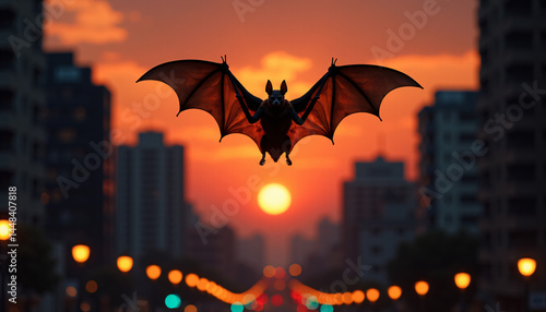 Silhouette of a bat against the backdrop of a city