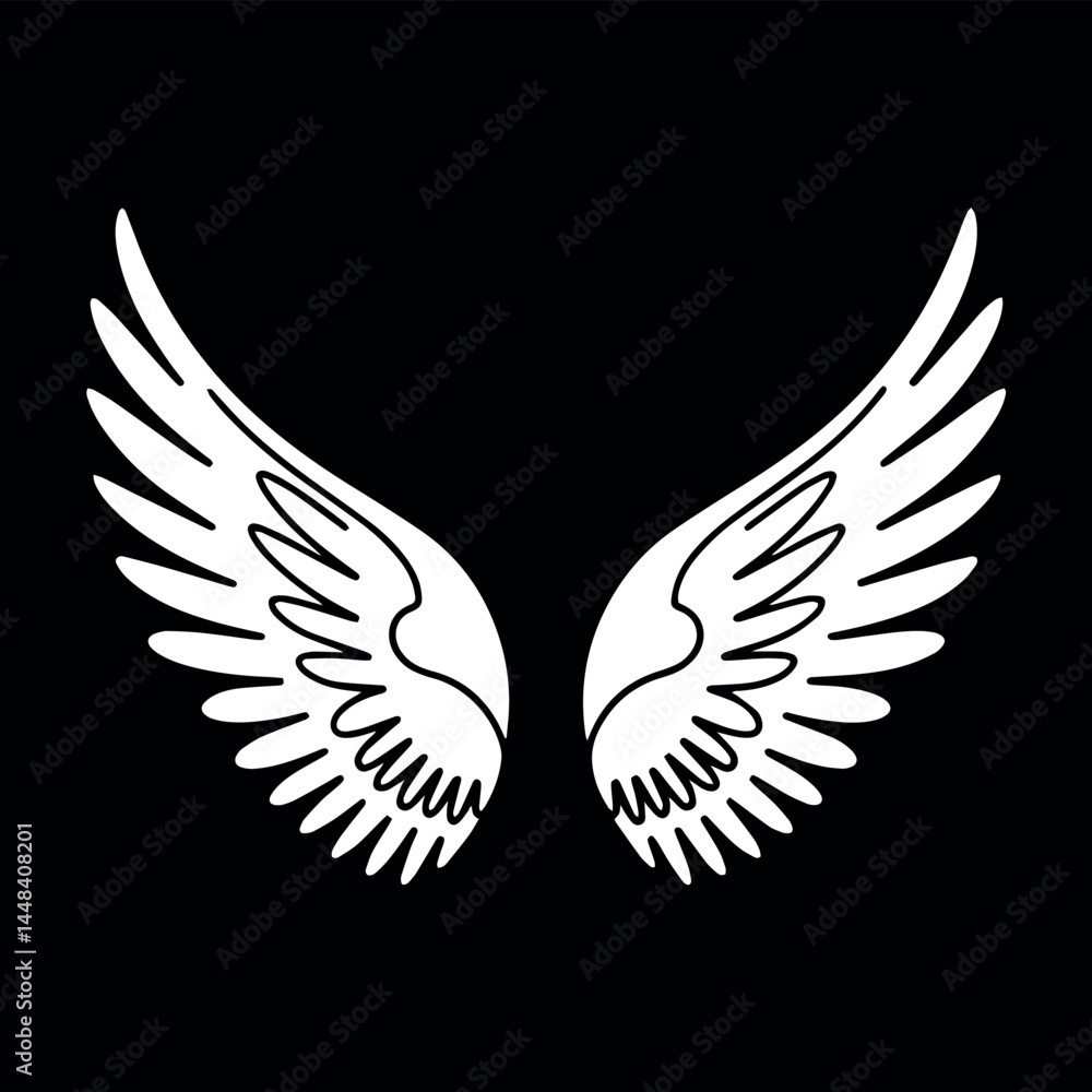 Fototapeta premium bird and angelic wings in line art cartoon style, black vector, hand-drawn sketches