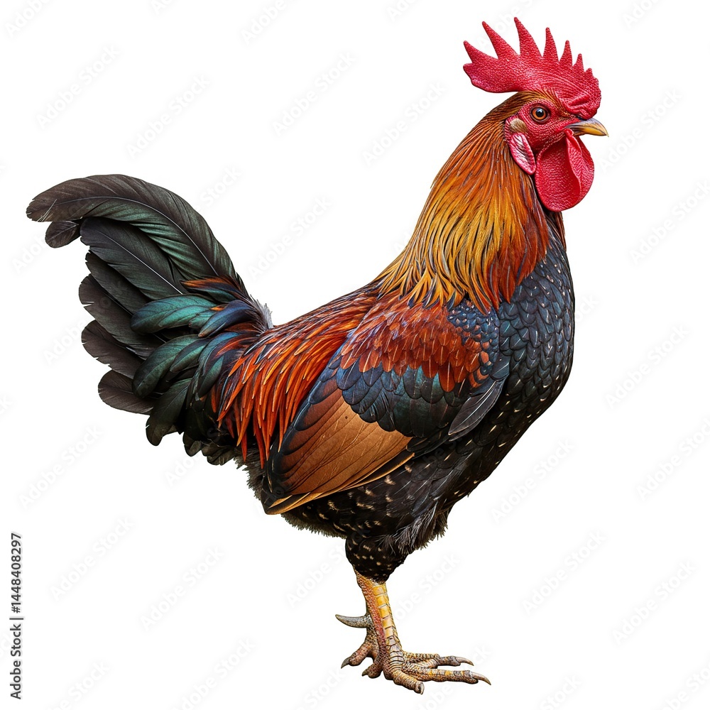 Fototapeta premium Rooster Bird Detailed Profile Colorful Feathers Farm Animal