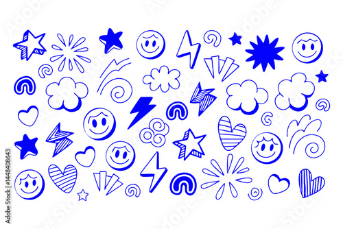 Hand drawn doodle icon set with stars, hearts, smiley faces, clouds, suns, spirals, lightning bolts, and flowers in a playful sketch style on a white background.