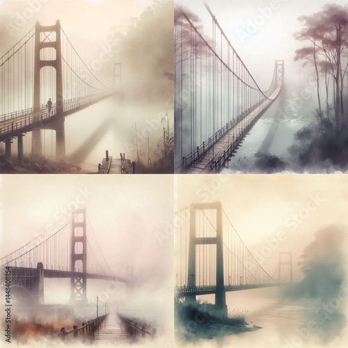 Misty bridges in serene landscape with muted colors  