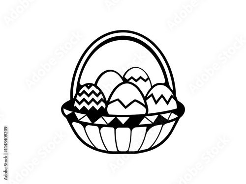 Elegant Easter Egg Basket Vector – Intricate Black and White Line Art Illustration for Religious Holiday, Spring Decor, and Seasonal Design Projects.