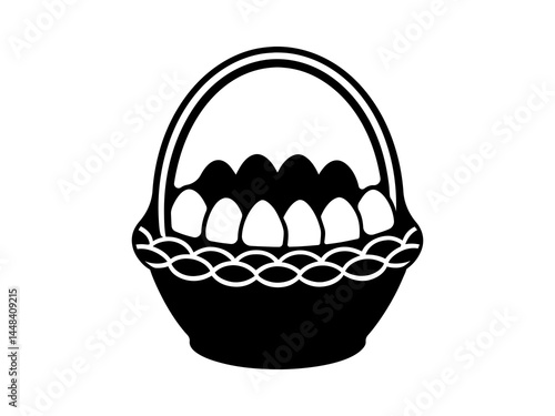Elegant Easter Egg Basket Vector – Intricate Black and White Line Art Illustration for Religious Holiday, Spring Decor, and Seasonal Design Projects.