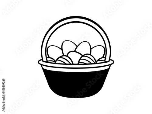 Elegant Easter Egg Basket Vector – Intricate Black and White Line Art Illustration for Religious Holiday, Spring Decor, and Seasonal Design Projects.